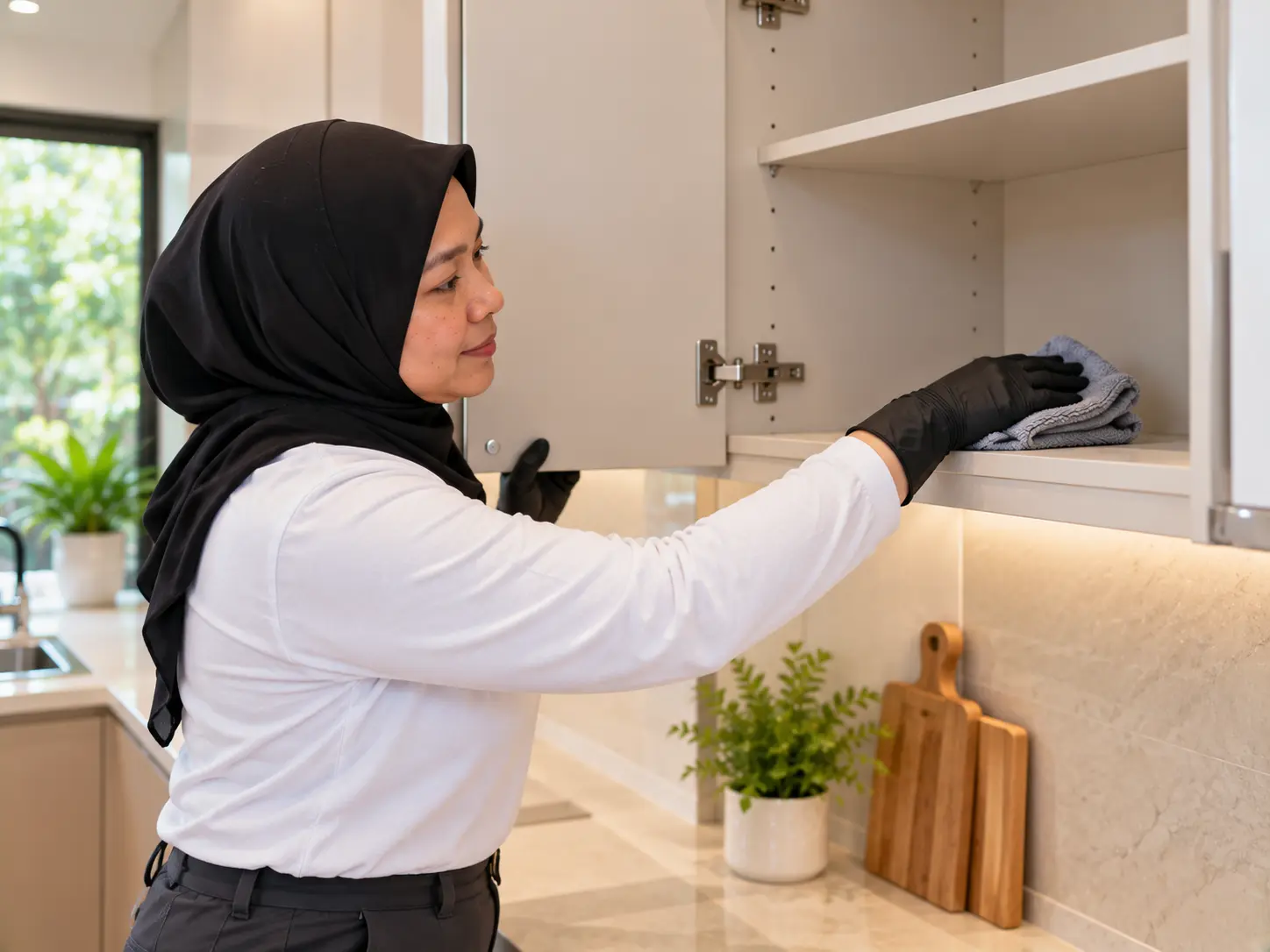 Cleaner wearing tudung wipes the inside shelf of an empty kitchen cupboard