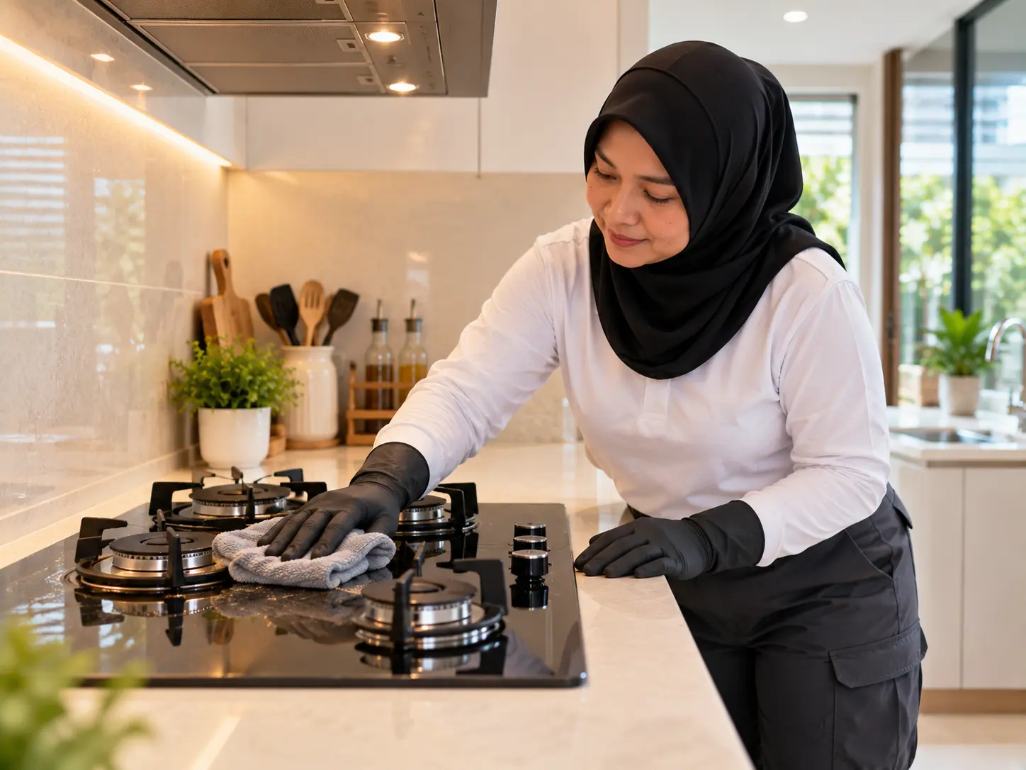 Cleaner wearing tudung wipes a kitchen hob with a microfiber cloth